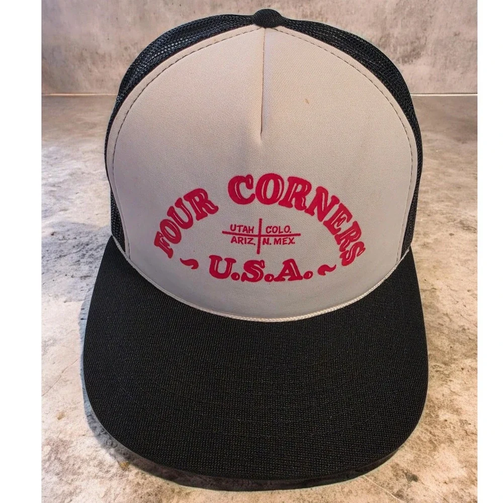 Vintage Four Corners USA Trucker Hat Black White Snapback Mesh‎ Cap Utah Arizona